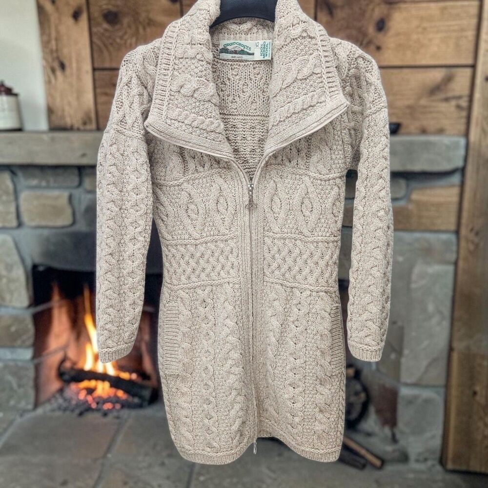 Aran Crafts Irish Merino Wool Cable Knit Coat Womens XS Double Collar Cabincore